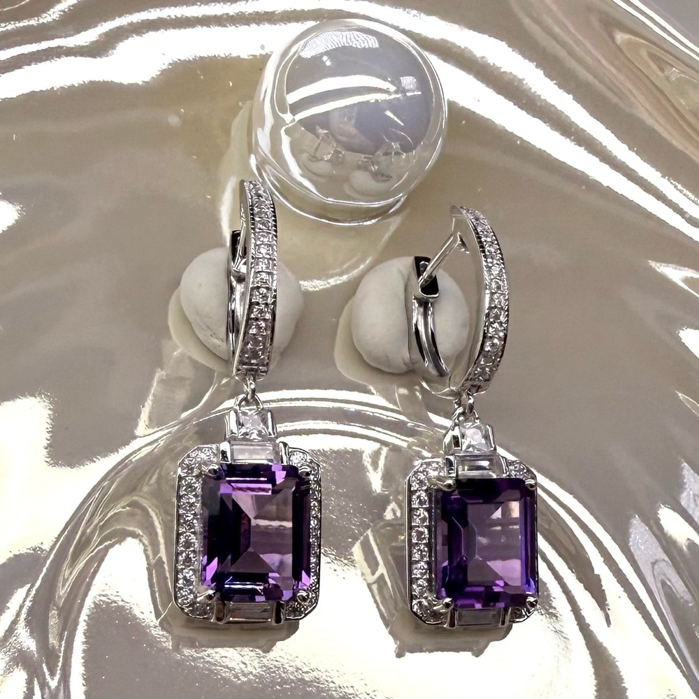 EA1 6.9CT High Quality Natural Russian Amethyst Huggies Earrings Rhodium S925 - Picture 3 of 12